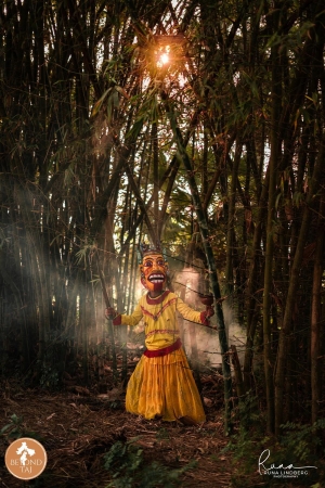 Gomira performer alone in a smoke filled bamboo grove