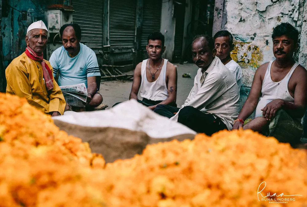 Group of men sitting in a lane behind heaps of orange marigolds, one in a white cap and yellow kurta with a newspaper beside him, Old Delhi